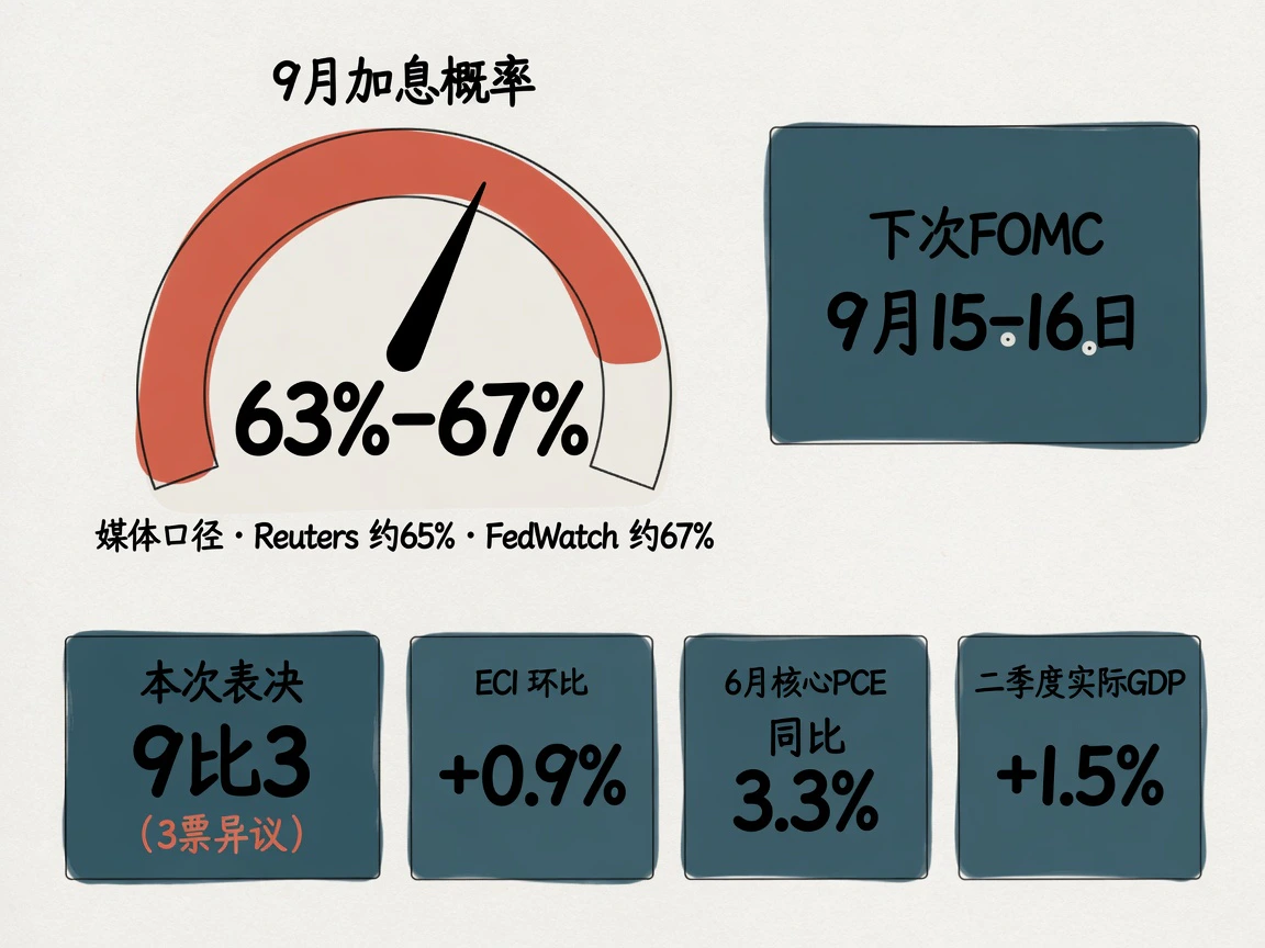 9月加息概率升至约63%-67%,下次FOMC 9月15-16日,表决9比3