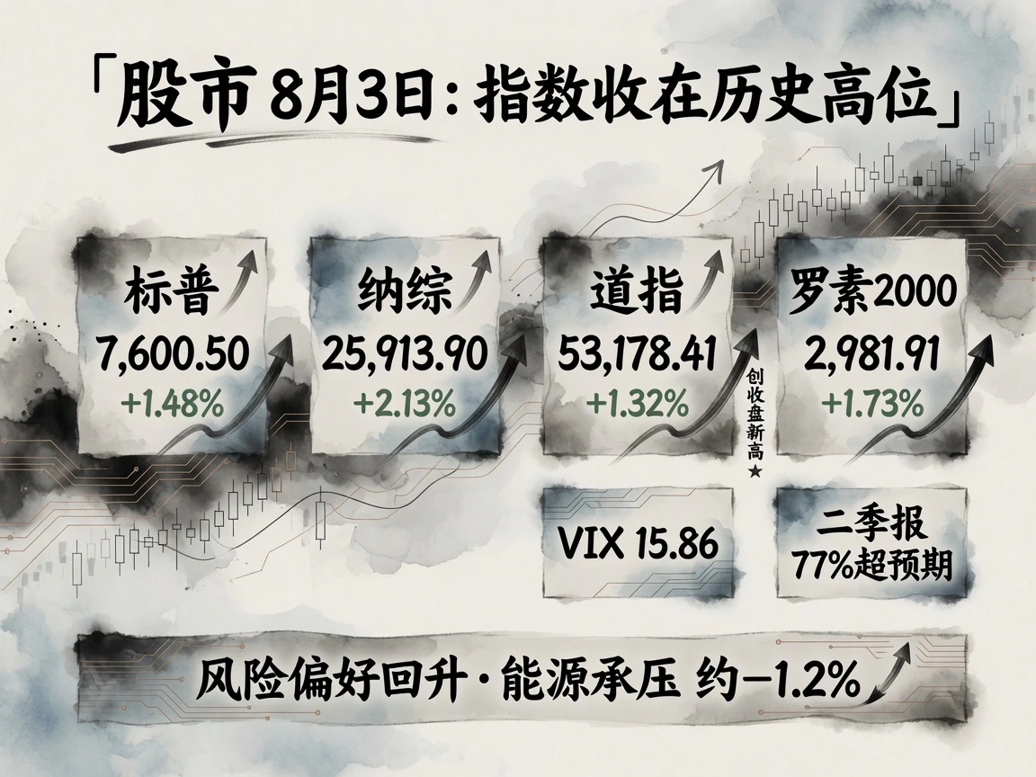 8月3日股市:标普7,600.50(+1.48%)、纳综25,913.90(+2.13%)、道指53,178.41(+1.32%)创收盘新高、罗素2000 2,981.91(+1.73%),VIX 15.86,二季报77%超预期