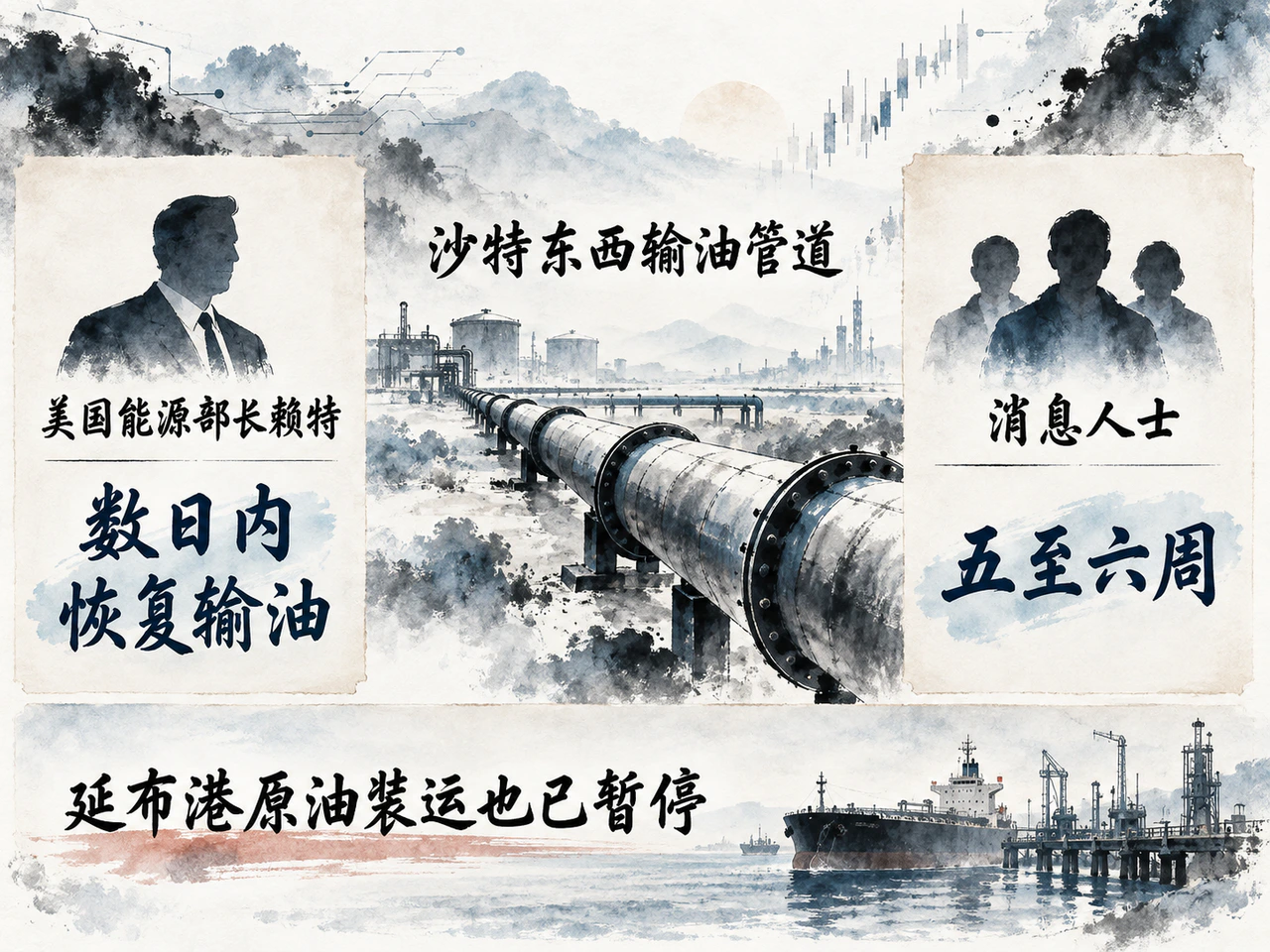 沙特东西输油管道复运预期仍有分歧，延布港装运暂停。