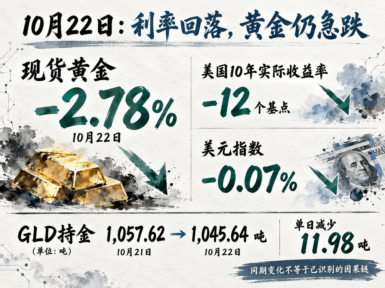 Gold and GLD holdings declined on October 22 despite lower real yields and a weaker dollar.