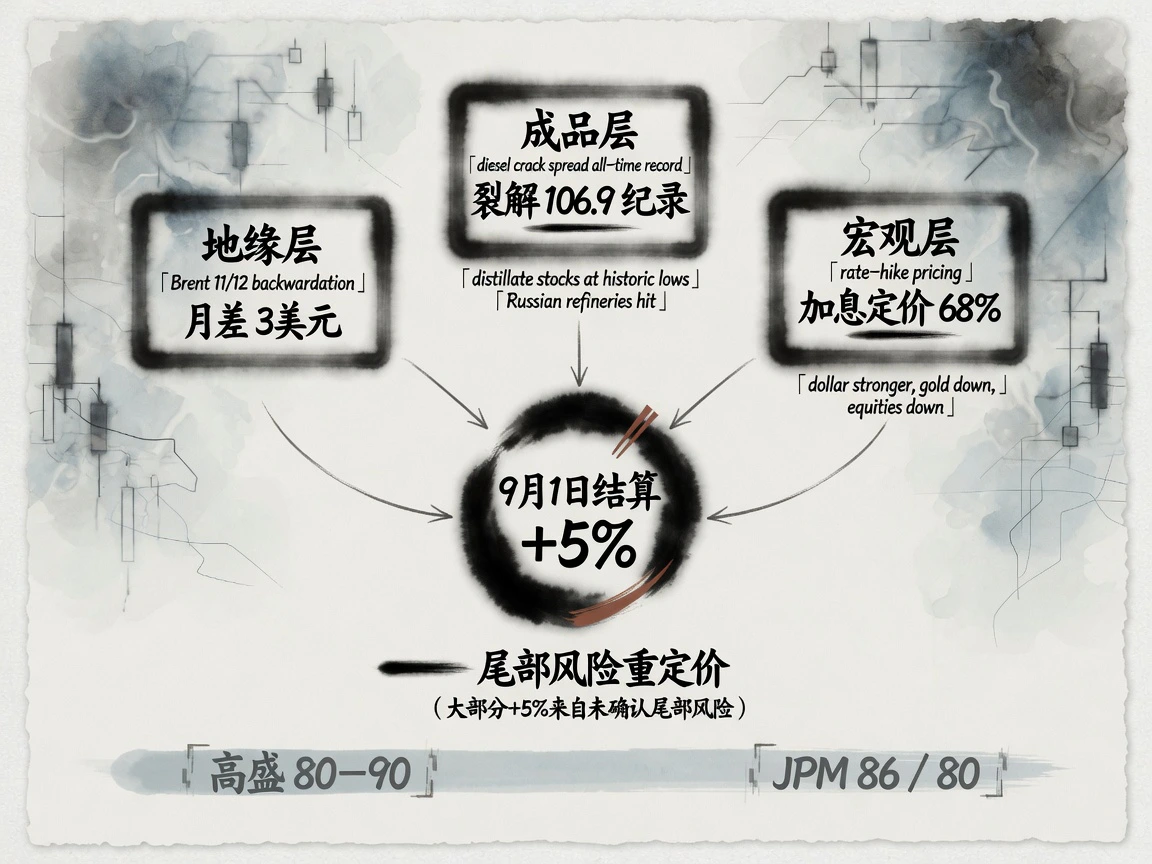 三层合流框架:地缘/成品/宏观三层汇入 9 月 1 日结算 +5%,高盛 80-90、JPM 86/80,尾部风险重定价