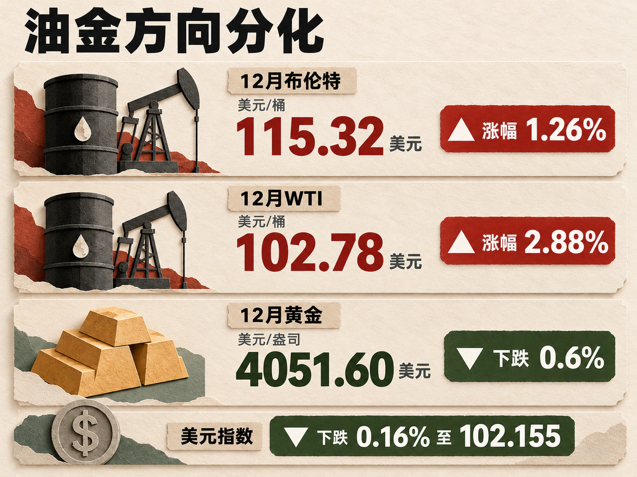 December futures settlements: Brent US$115.32/barrel (+1.26%); WTI US$102.78/barrel (+2.88%); gold US$4,051.60/ounce (−0.6%). The dollar index fell 0.16% to 102.155.