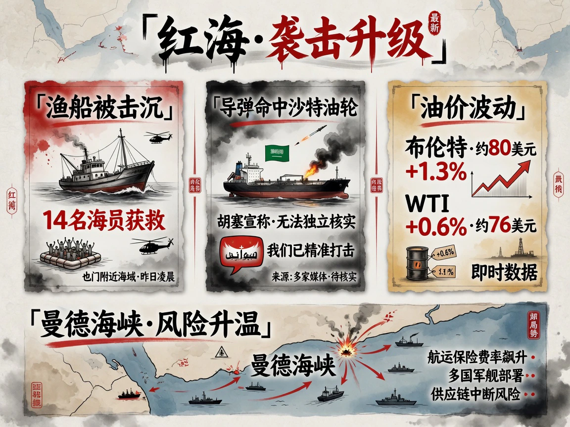 红海袭击升级,渔船被击沉、导弹命中沙特油轮,布伦特涨1.3%至约80美元