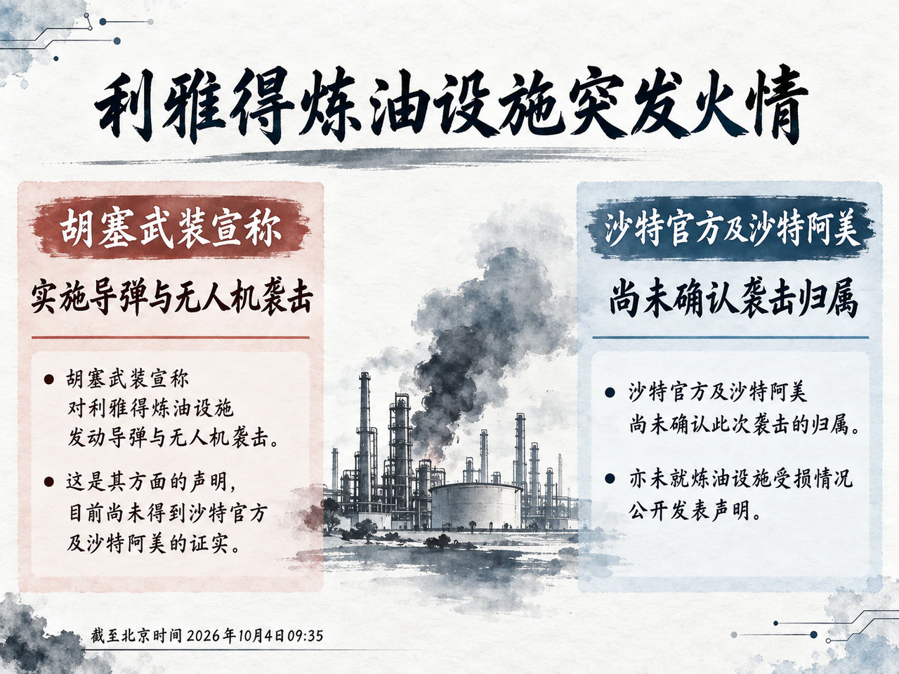 利雅得炼油设施火情与胡塞武装认领,袭击归属仍未获沙特确认