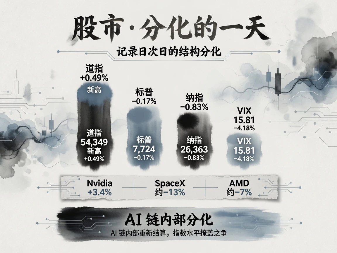 股市:道指54,349新高+0.49%、纳指26,363 -0.83%、标普7,724 -0.17%、VIX 15.81、Nvidia +3.4% vs SpaceX约-13%