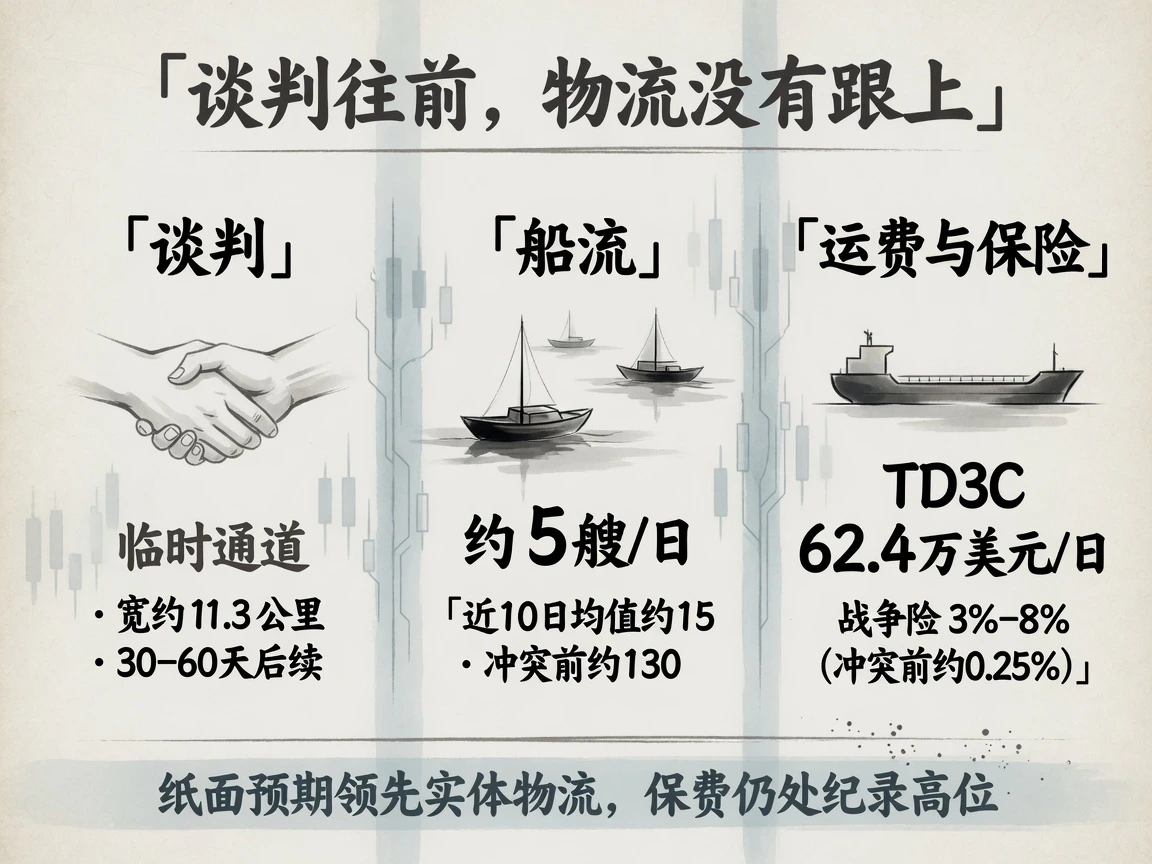 谈判临时通道约11.3公里、日过峡约5艘船、TD3C运价62.4万美元/日三栏对照