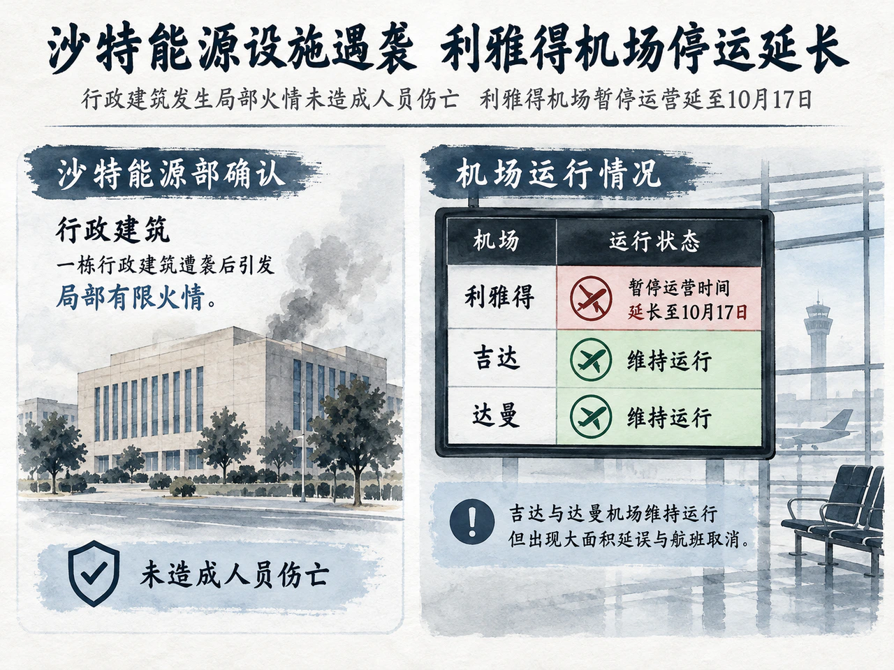阿美行政楼有限火情与沙特机场运行状态