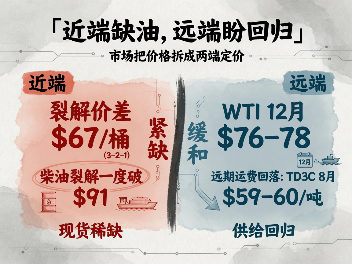 近端缺成品油、远端押注供给回归：3-2-1裂解价差约67美元/桶、柴油裂解一度破91，WTI 12月合约76-78美元，TD3C 8月约59-60美元/吨