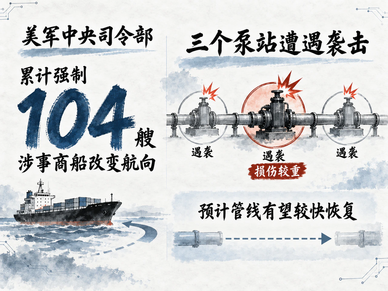 美军称累计104艘商船被要求改航，沙特管道三个泵站遇袭