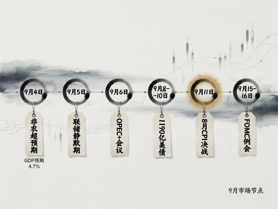 宏观与地缘接口:9月关键日程时间轴——9月4日强非农打破放缓叙事、9月5日进入静默期、9月6日OPEC+、9月8-10日1190亿美债发售、9月11日8月CPI决战、9月15-16日FOMC会议决断加息走向