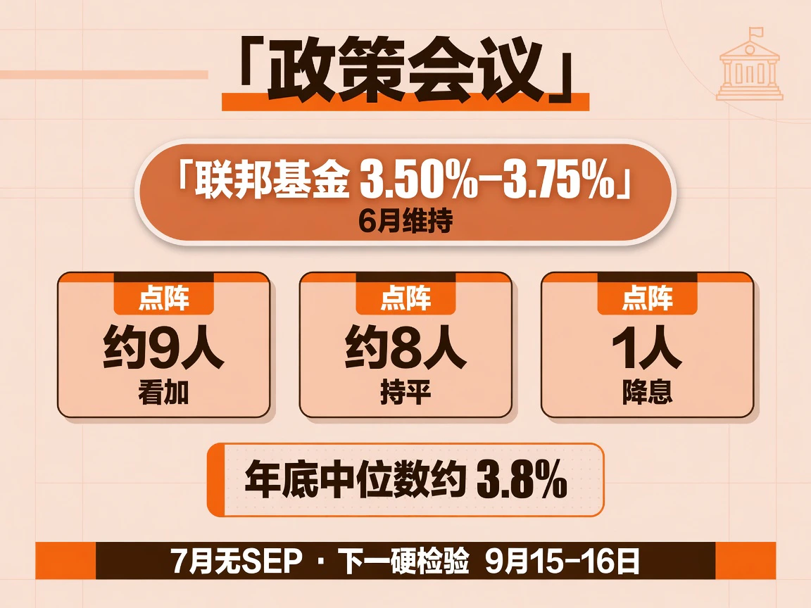 政策会议:联邦基金3.50%–3.75%,点阵约9人看加、8人持平,7月无SEP