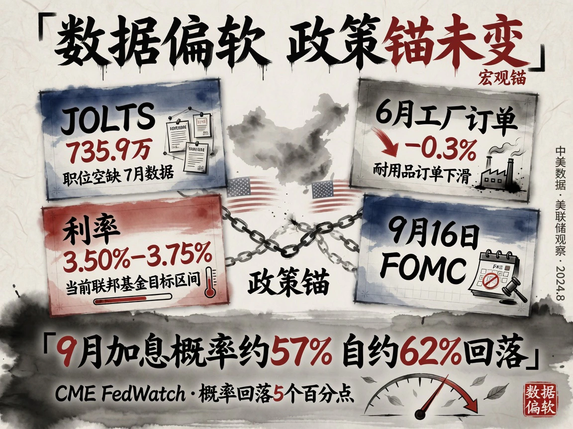 数据偏软政策锚未变：JOLTS 735.9万、6月工厂订单-0.3%、联邦基金利率3.50%-3.75%、9月16日FOMC、9月加息概率约57%