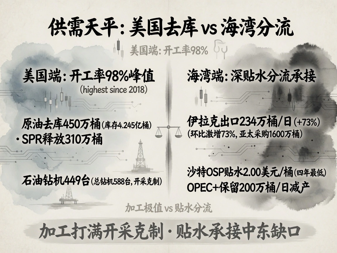 供需天平对比:美国端开工率98%触及峰值、原油去库450万桶、钻机449台开采克制,海湾端伊拉克出口激增至234万桶/日深贴水分流、沙特OSP贴水2美元四年最低、OPEC+保留200万桶/日减产