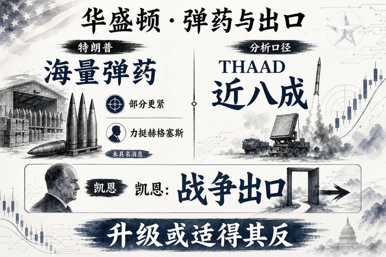 华盛顿：特朗普称海量弹药、部分更紧；THAAD近八成耗尽报道；凯恩私下称需为对伊战争找出口