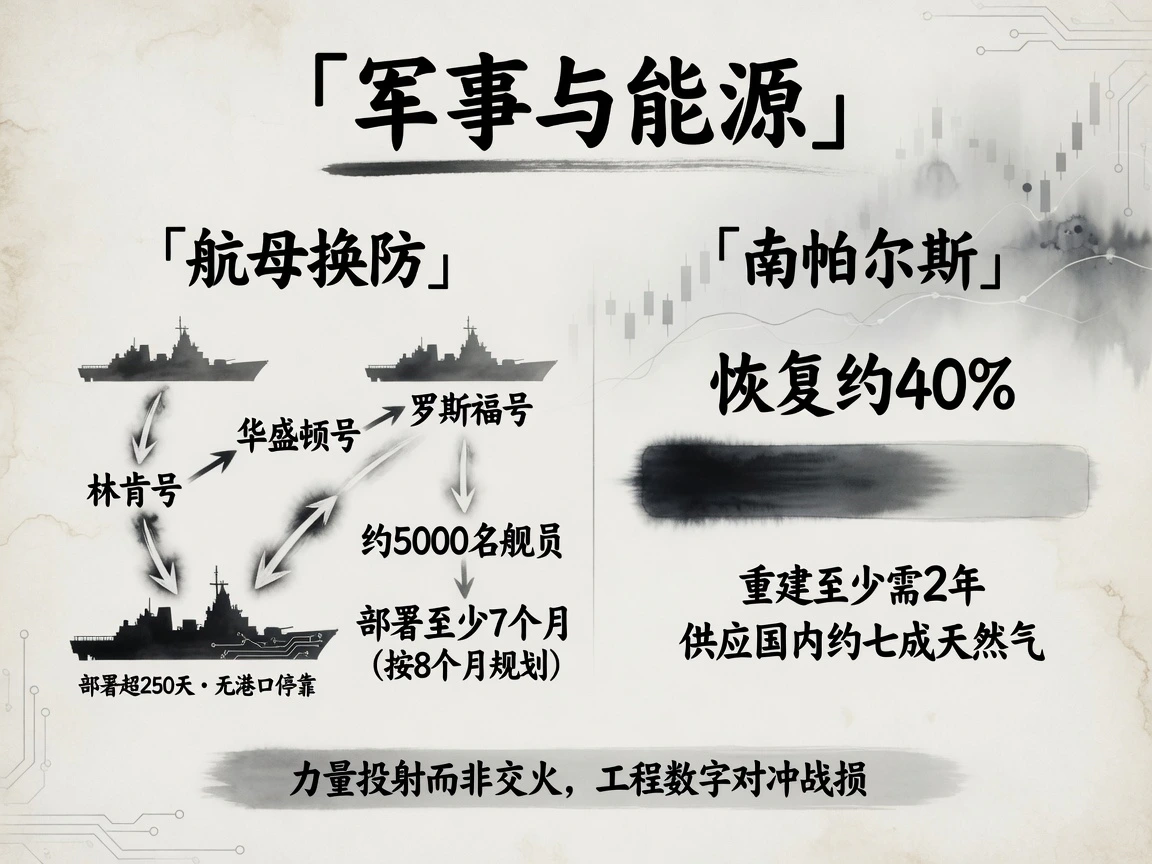 航母换防链林肯号至罗斯福号,约5000名舰员部署至少7个月;南帕尔斯恢复约40%,重建至少2年,供应国内约七成天然气