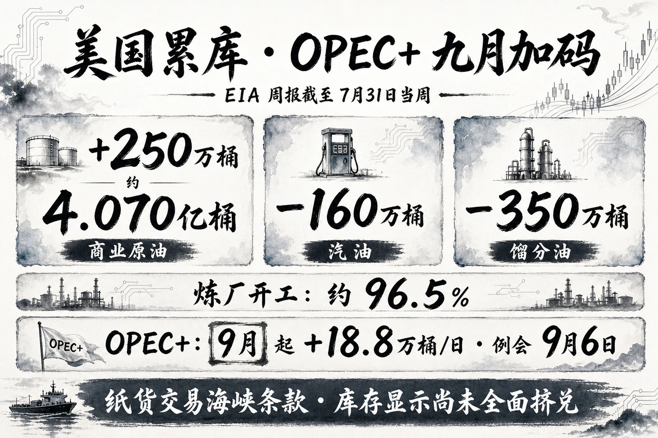 EIA：商业原油+250万桶至约4.070亿桶，汽油−160万桶，馏分油−350万桶，炼厂开工约96.5%；OPEC+自9月起合计上调约18.8万桶/日，例会9月6日——纸货交易海峡条款，库存显示尚未全面挤兑