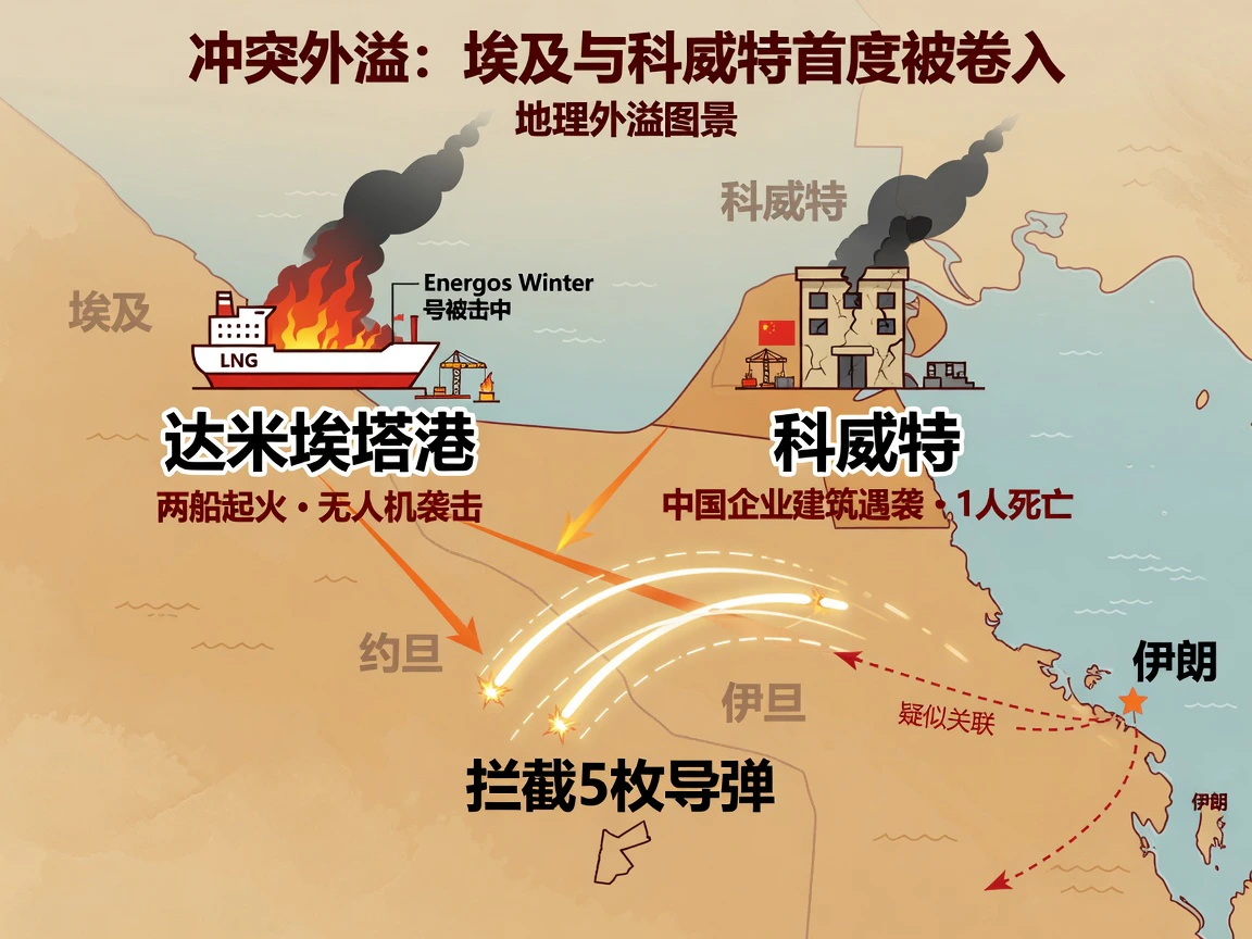 冲突外溢：埃及达米埃塔港无人机袭击致两船起火，科威特北部中国企业建筑遇袭1人死亡，约旦拦截5枚导弹