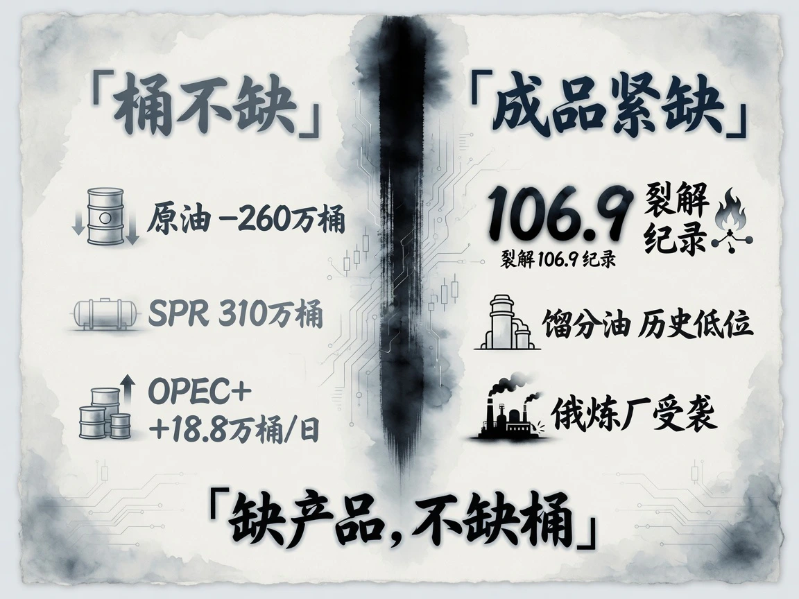 桶不缺 vs 成品紧缺对比:API 原油去库 260 万桶、SPR 释放 310 万桶、OPEC+ 增 18.8 万桶/日,柴油裂解价差 106.9 创纪录