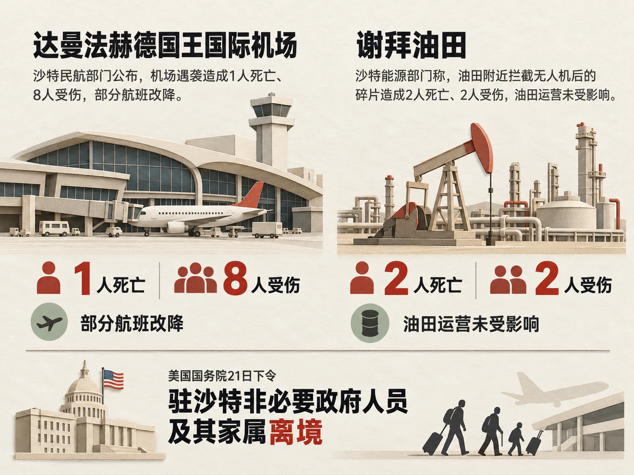 Dammam airport: one killed, eight injured; Shaybah area: two killed, two injured, production unaffected; U.S. orders departures.
