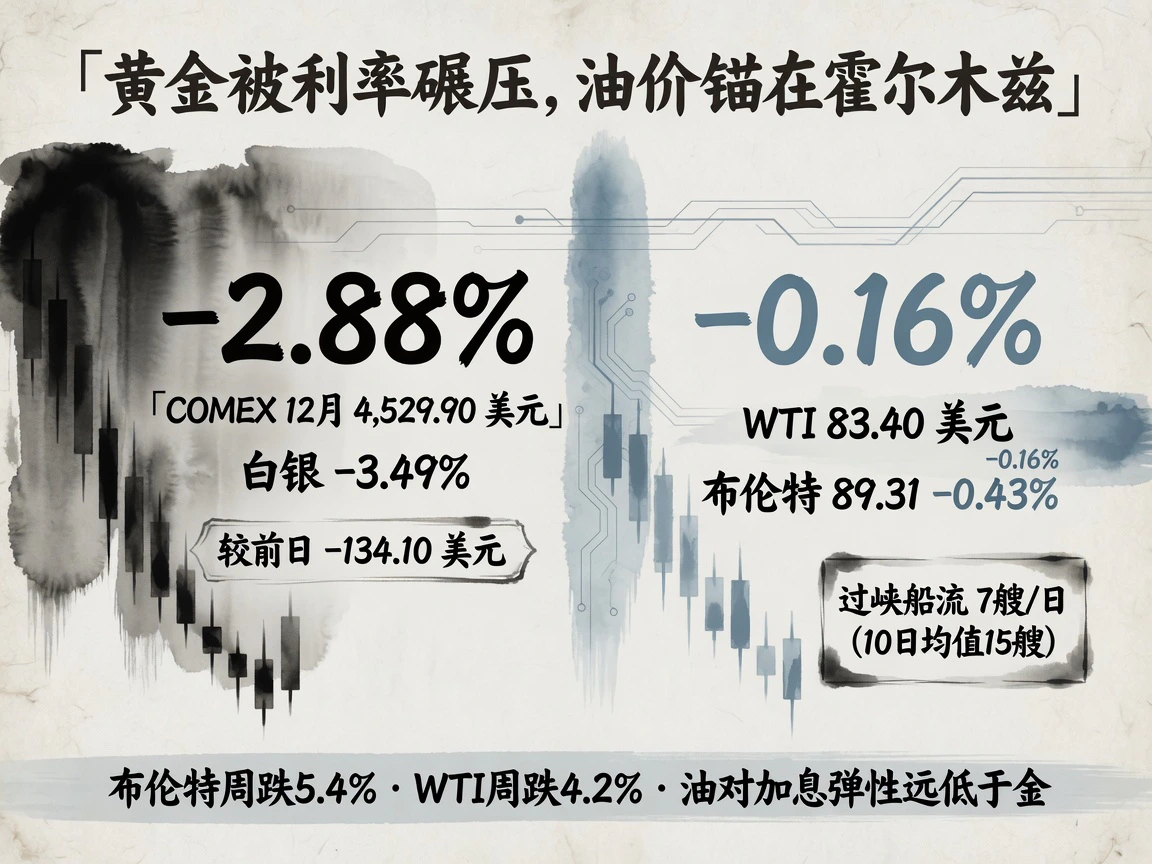 黄金遭利率碾压-2.88%，油价只温和回吐：WTI83.40-0.16%、布伦特89.31-0.43%，过峡船流7艘