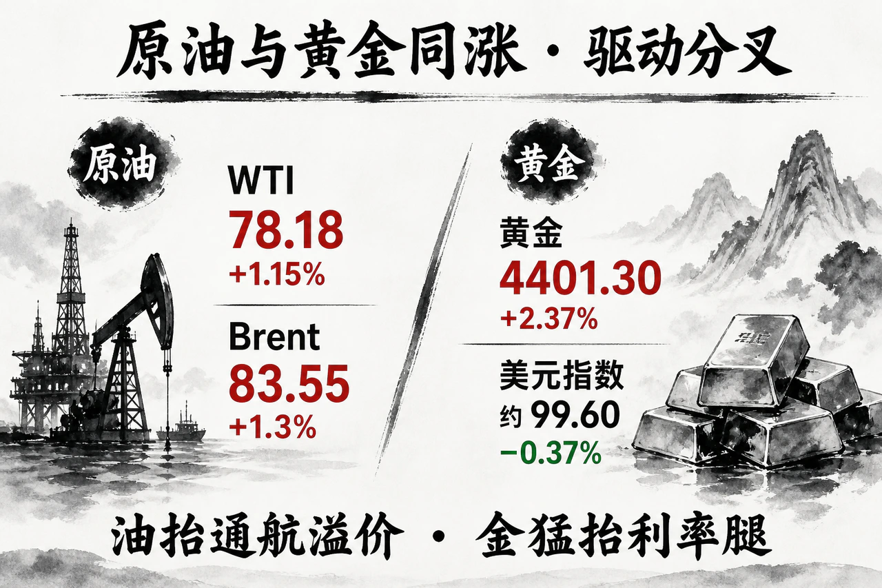 商品原油续抬通航溢价黄金猛抬利率腿：WTI 78.18(+1.15%)、Brent 83.55(+1.3%)、黄金4401.30(+2.37%)、美元指数约99.60(−0.37%)