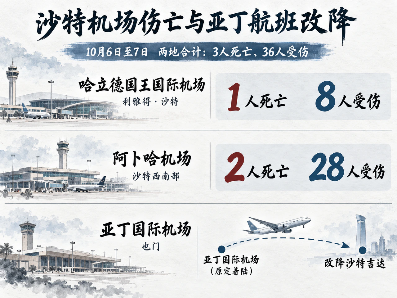 沙特机场伤亡与亚丁航班改降