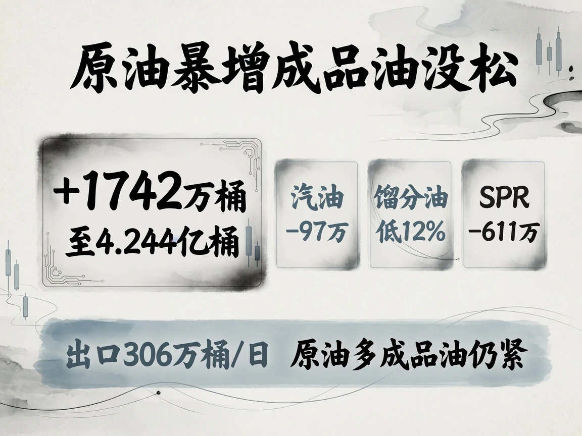 美国商业原油增加1742万桶至4.244亿桶，成品油库存仍紧