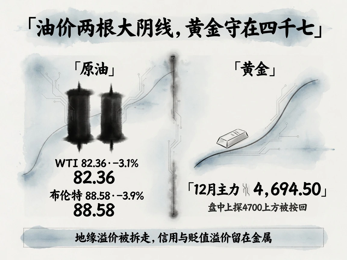 油价两根大阴线:布伦特88.58、WTI82.36;黄金守四七线收4694.50