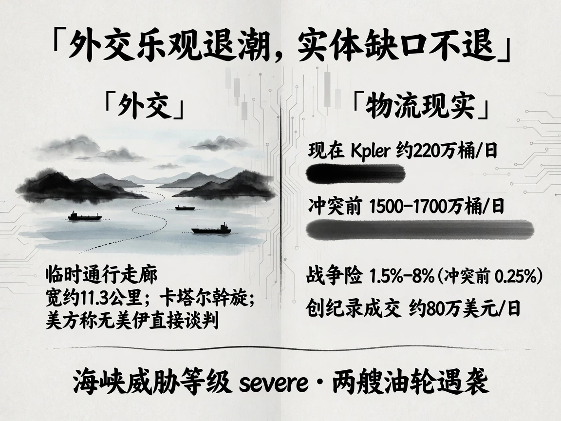 外交与物流对照：临时通行走廊宽约11.3公里 vs 过峡流量Kpler约220万桶/日（冲突前1500-1700万）、战争险1.5%-8%（冲突前0.25%）、创纪录成交约80万美元/日、威胁等级severe