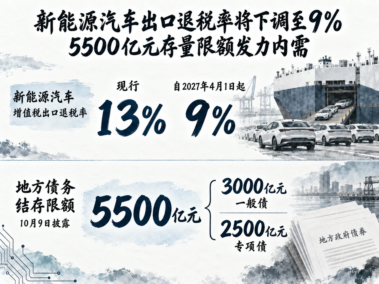 新能源汽车出口退税率自2027年4月1日起由13%下调至9%;地方债务结存限额5500亿元。