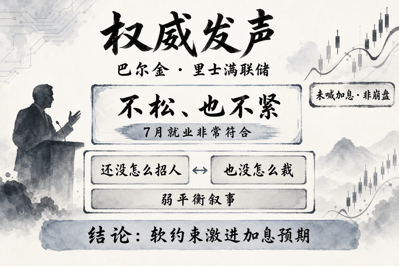 权威发声框架图:里士满联储主席巴尔金称劳动市场不松也不紧、偏低招低裁;弱平衡叙事、软约束激进加息预期