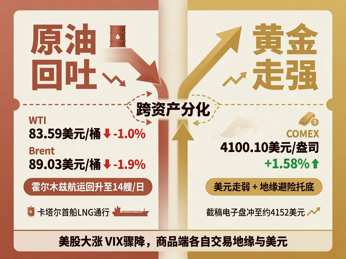 油价金价分道扬镳：WTI 83.59 -1.0% vs 黄金4100 +1.58%，霍尔木兹航运14艘/日