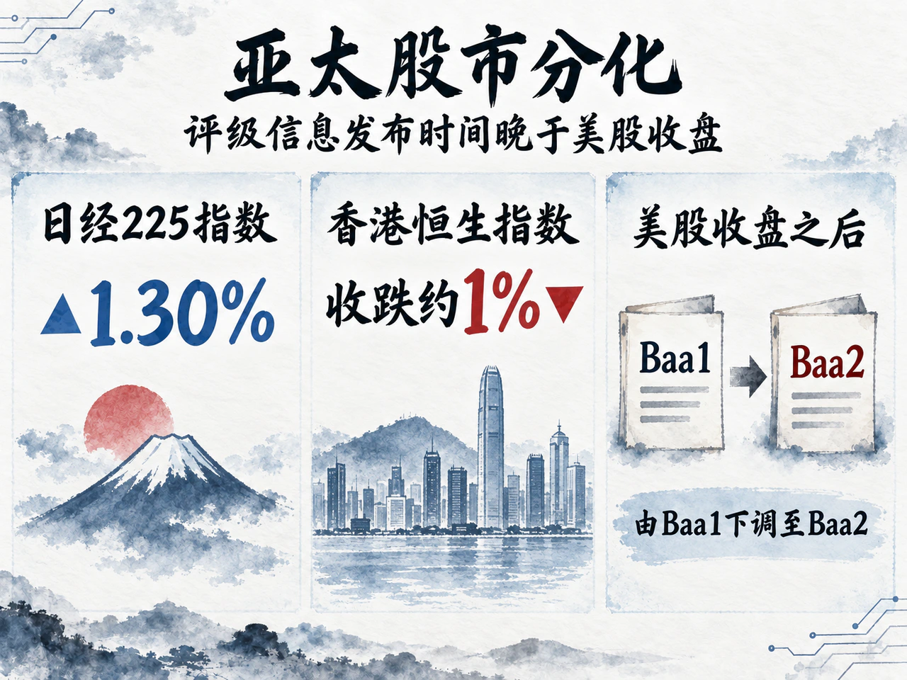 日经上涨1.30%,恒指下跌约1%;博茨瓦纳评级盘后从Baa1下调至Baa2。