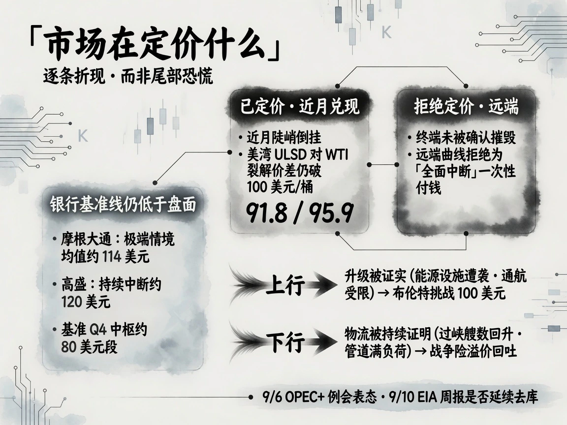 折现框架:已定价近月兑现、拒绝定价远端,银行基准摩通约114高盛约120,上行布伦特挑战100美元、下行战争险回吐,9月6日OPEC+与9月10日EIA待答