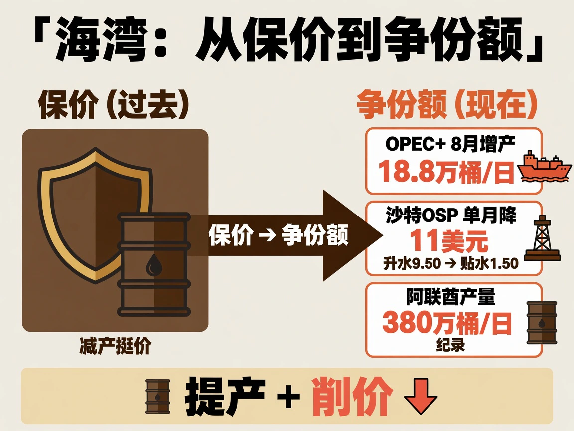 海湾从保价转向争份额：OPEC+ 8月再增产18.8万桶/日，沙特OSP单月大降11美元，阿联酋产量380万桶/日创纪录