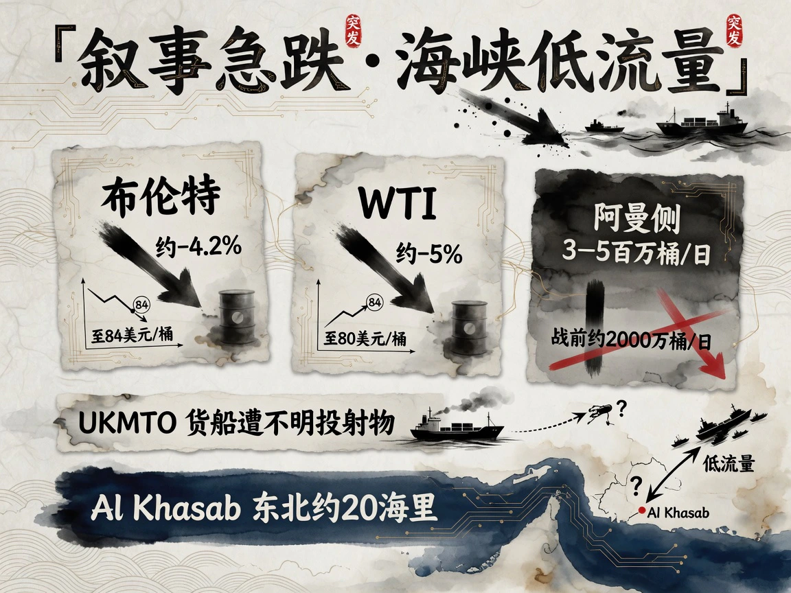 叙事急跌海峡低流量:布伦特约-4.2%、WTI约-5%、阿曼侧3-5百万桶/日,UKMTO再报遭袭