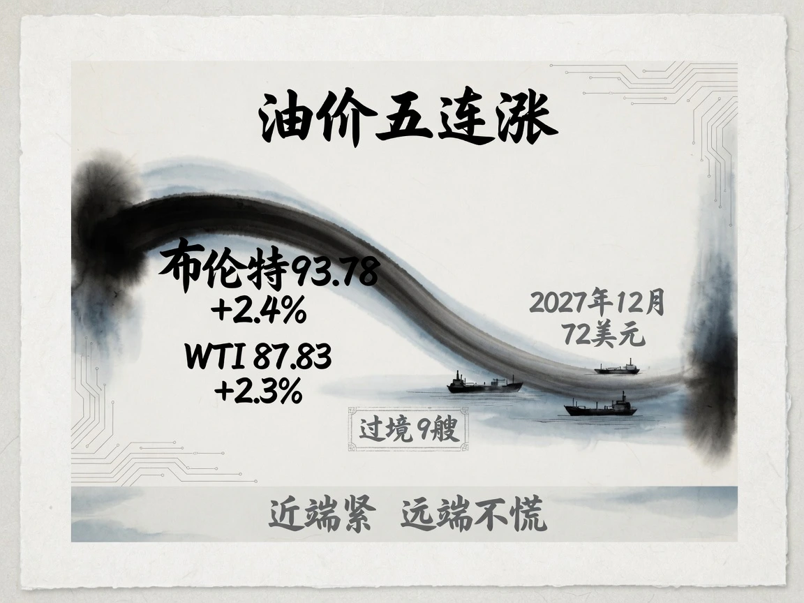 布伦特结算93.78涨2.4%,WTI结算87.83涨2.3%,2027年12月合约约72美元,霍尔木兹过境9艘