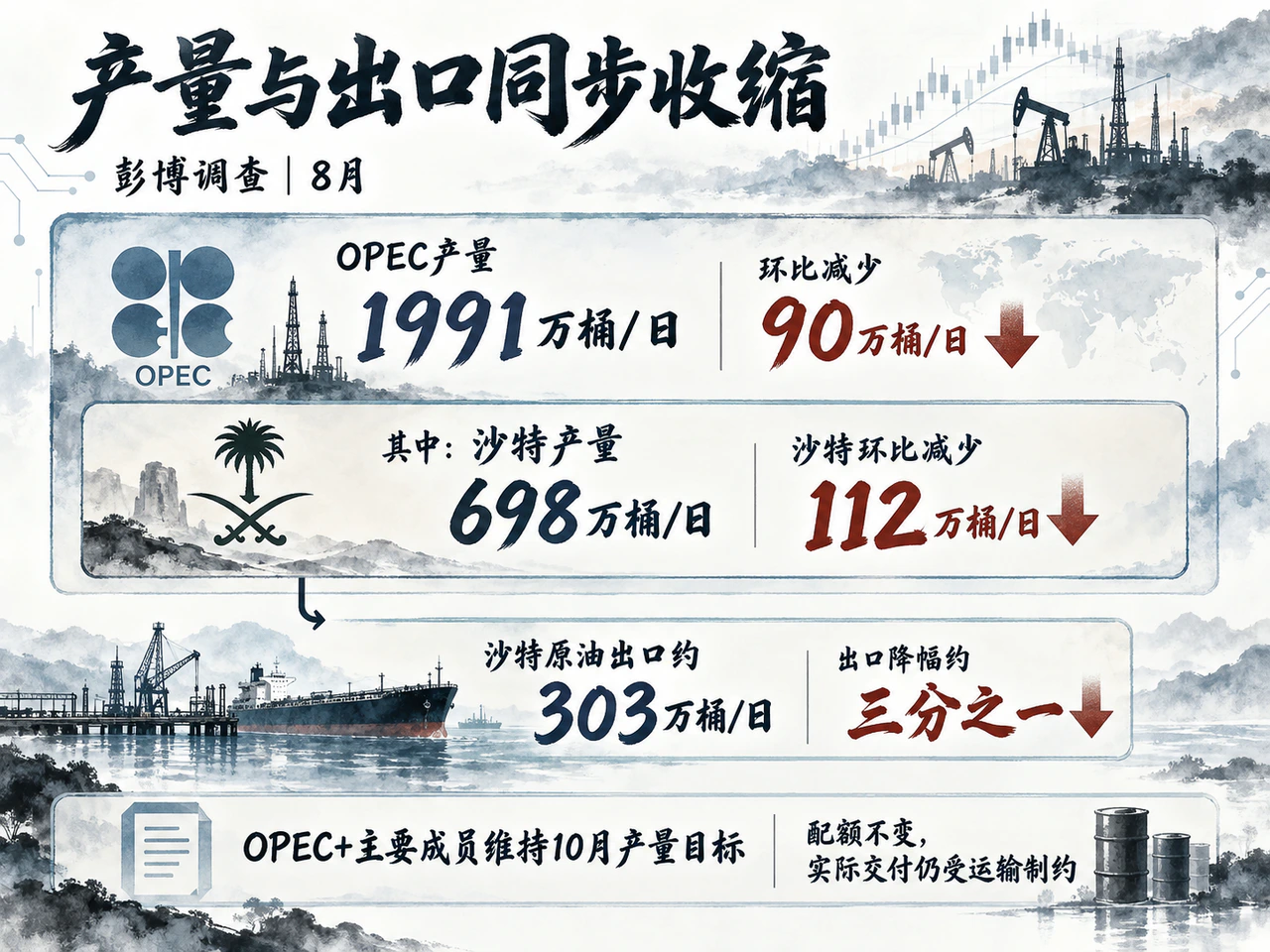 彭博调查显示8月OPEC及沙特原油产量回落