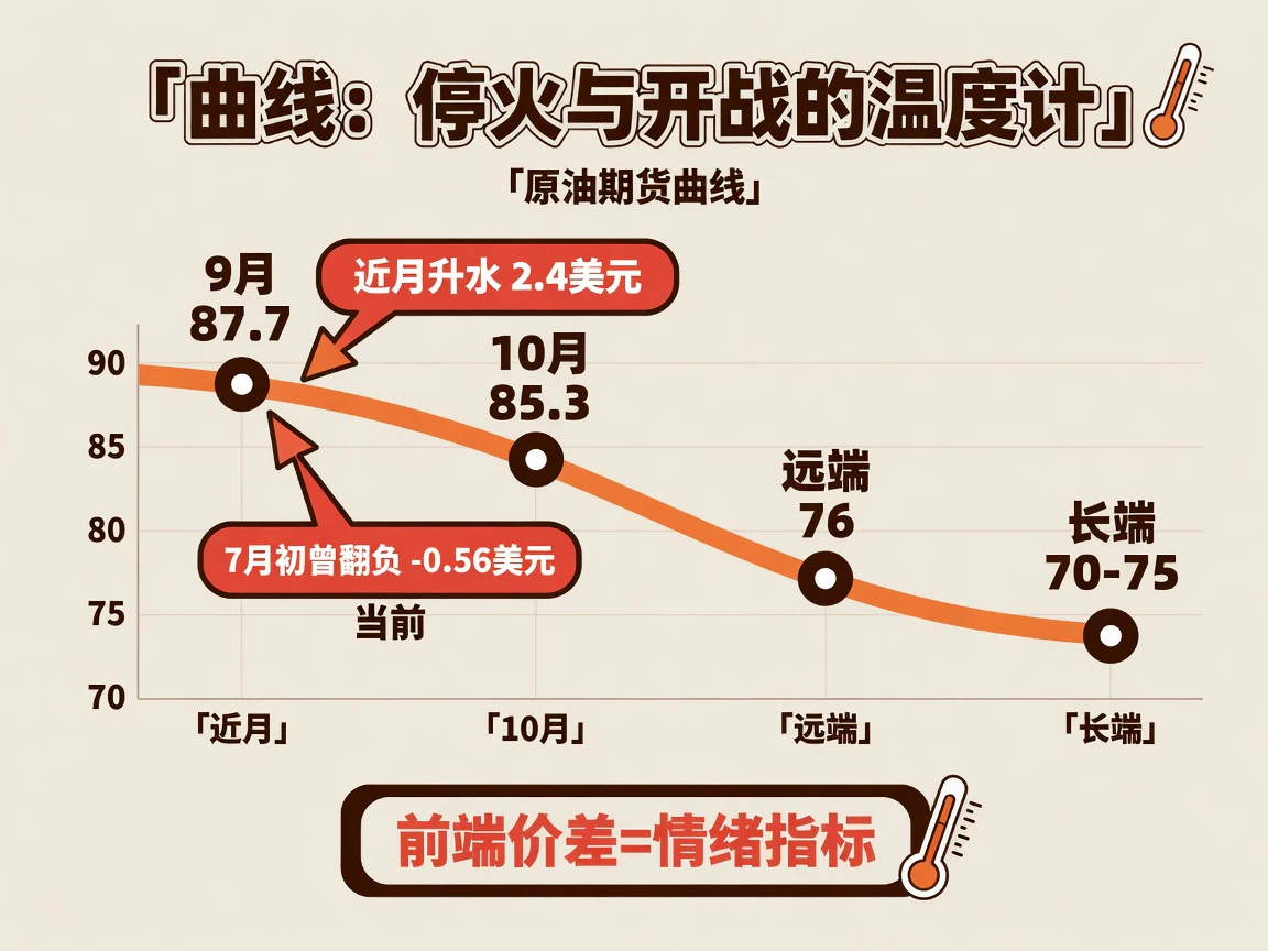 Brent期货曲线维持逆价差：9月87.7、10月85.3，近月升水2.4美元，长端指向70–75美元
