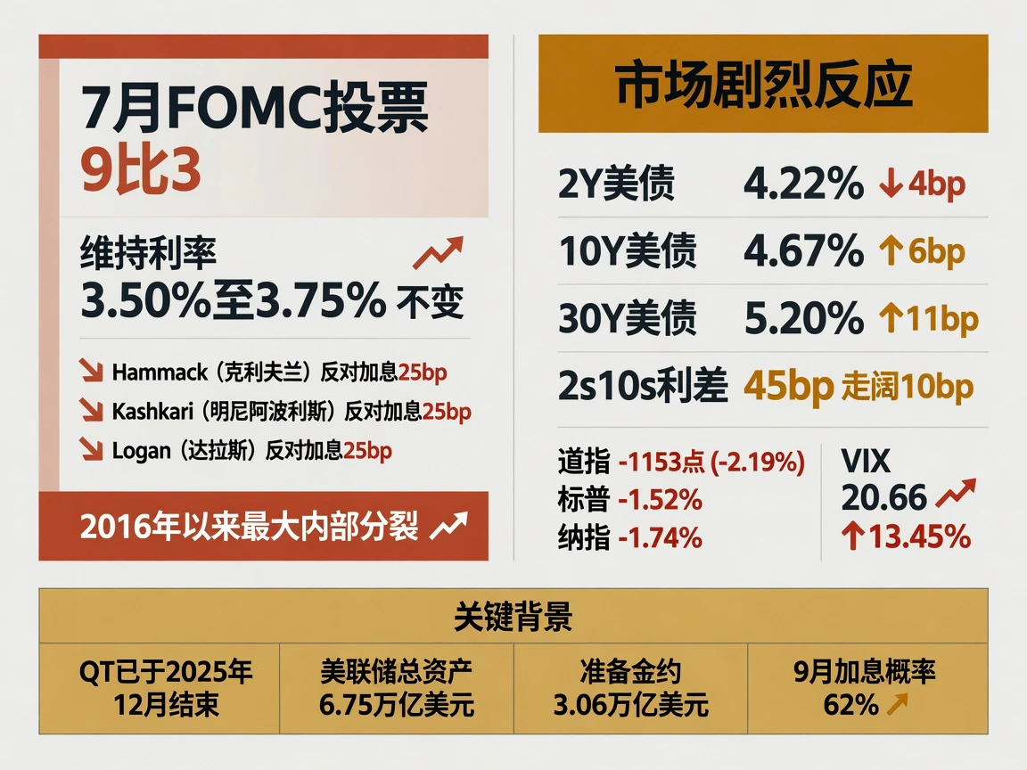 7月FOMC 9–3投票按兵不动,三位鹰派反对加息25bp;道指暴跌1153点,长端收益率飙升