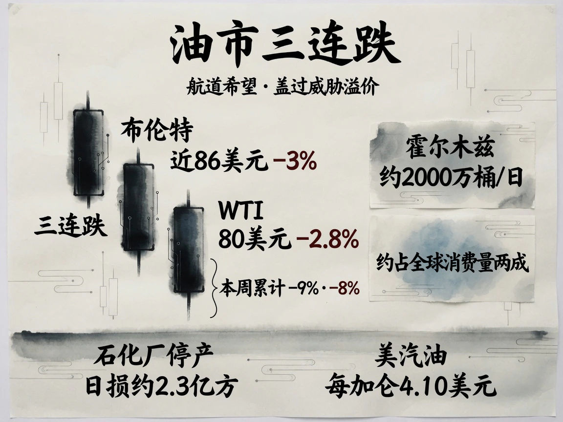 油市三连跌:布伦特近86美元跌3%、WTI 80美元跌2.8%、本周累计约9%与8%,霍尔木兹日流量约2000万桶、约占全球消费两成
