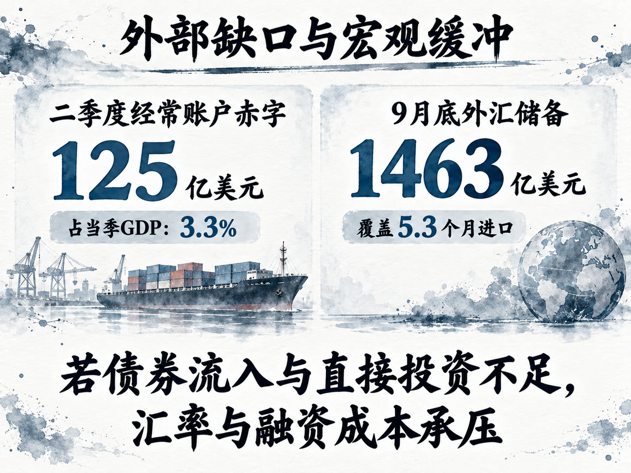 A $12.5 billion current-account deficit contrasts with $146.3 billion in reserves covering 5.3 months of imports.