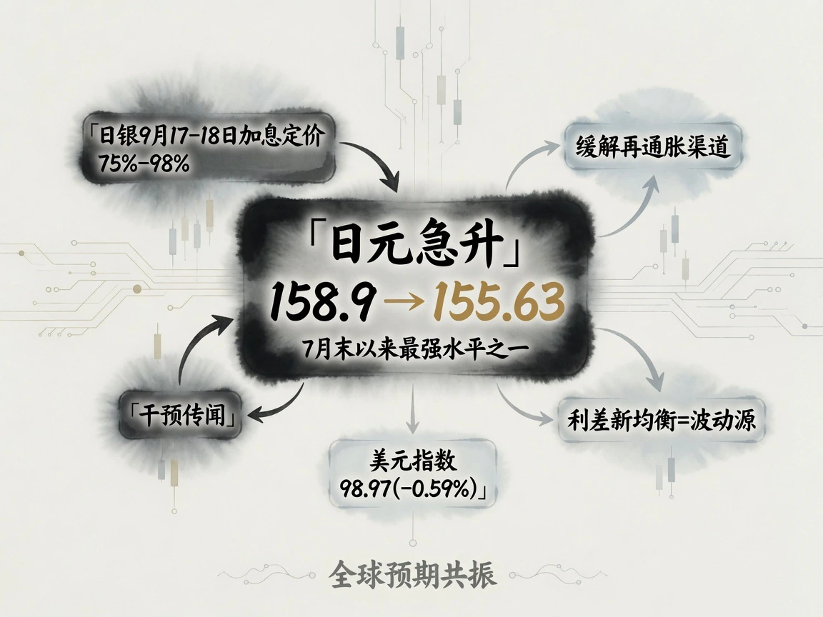 外汇：日元急升，美元兑日元158.9→155.63，日银加息定价75%-98%，美元指数98.97（-0.59%）