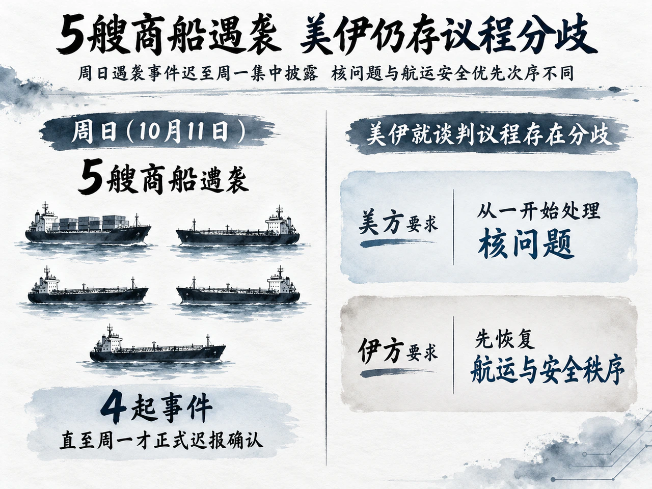 周日5艘商船遇袭,其中4起周一迟报;美伊仍就谈判议程存在分歧。