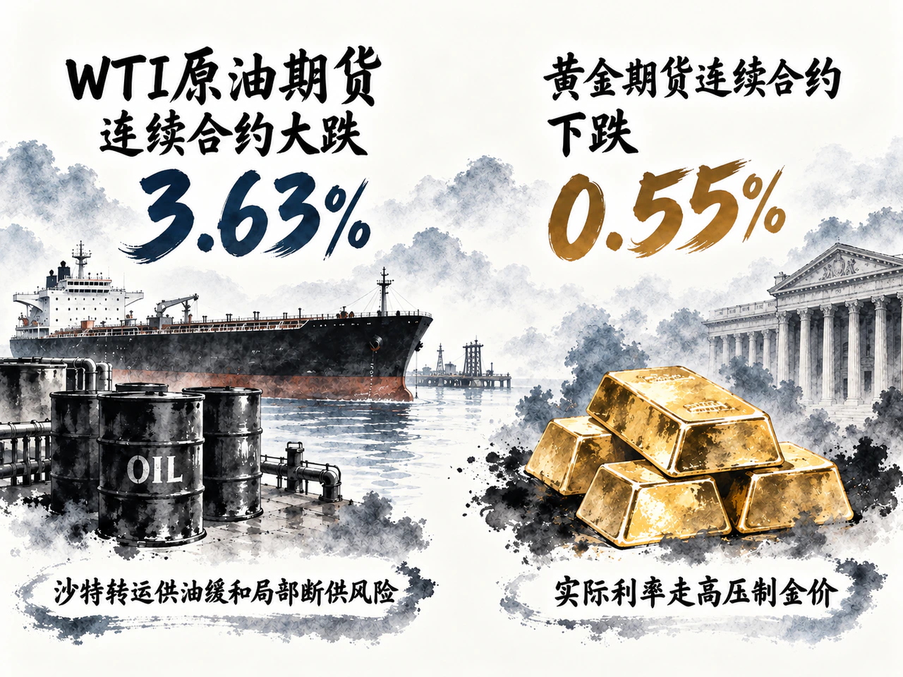 油价因供应预期缓和而回落,金价受利率压制