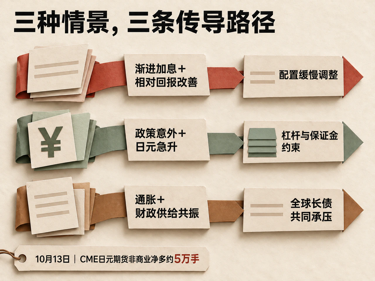 Three paths for Japanese normalization, with CME yen futures net long about 50,000 contracts.