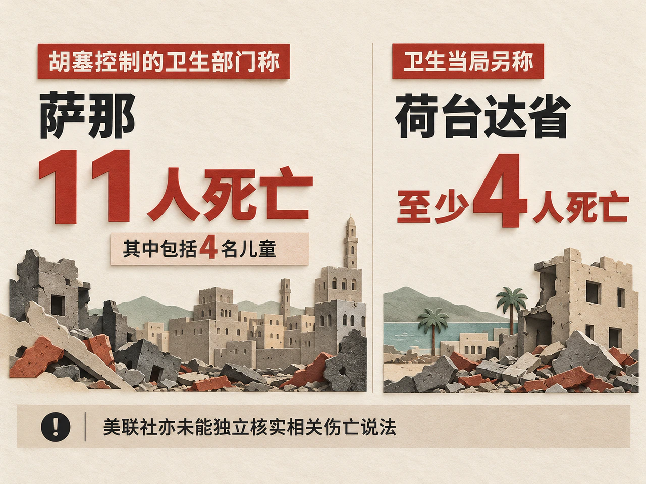 Attributed and independently unverified casualty reports from Sana’a and Hodeidah