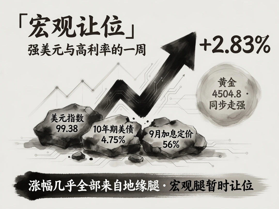 美元指数99.38、10年期美债4.75%、9月加息定价56%压不住油价,涨幅+2.83%几乎全部来自地缘,黄金4504.8同步走强