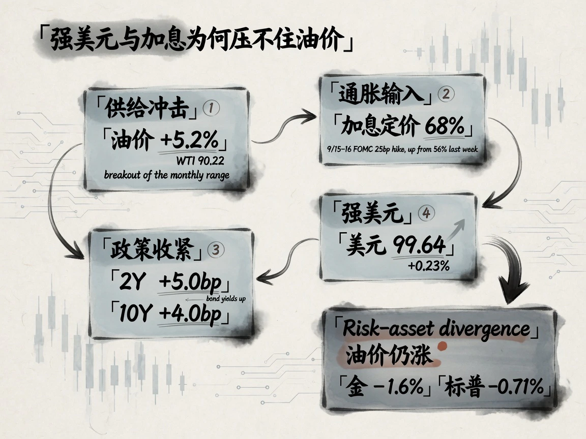 宏观拧紧传导图:油价 +5.2%、加息定价 68%、2Y +5.0bp、10Y +4.0bp、美元 99.64、金价 -1.6%、标普 -0.71%,油价仍涨
