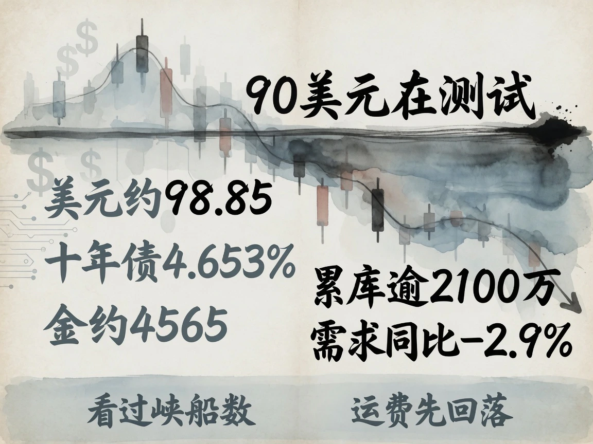 美元约98.85、十年债4.653%，Brent在90美元上方测试需求